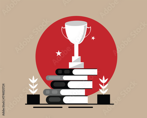 Books with Winning Trophy Cup Education and Literacy Idea. Reading and educating oneself vector art