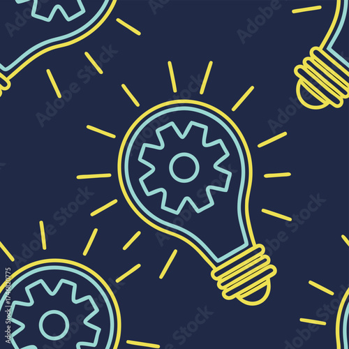 High quality photo of neon lightbulb with gear inside seamless pattern vector