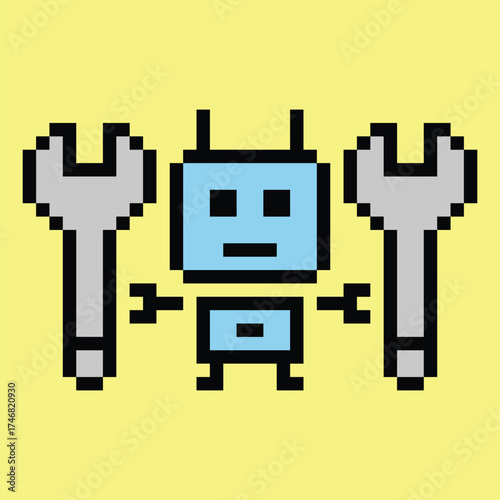 Cartoon pixel art of humanoid robot or ai learning skill robotic chat bot machine business vector character automation background 8 bit decoration.