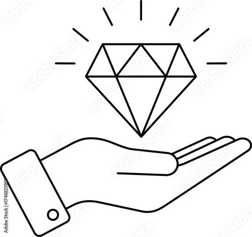 Hand holding a sparkling diamond icon with radiating lines jewel precious stone