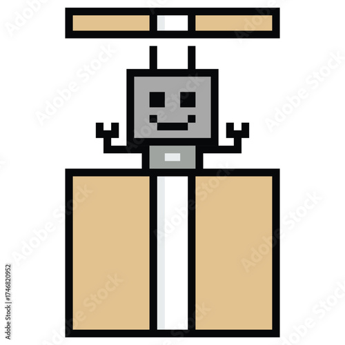 Cartoon pixel art of humanoid robot or ai learning skill robotic chat bot machine business vector character automation background 8 bit decoration.