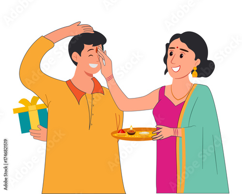 happy Bhai Dooj Hindu festival celebrates the love between a brother and sister vector illustration.