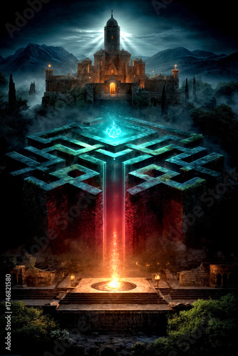 Mystical Castle Above an Enchanted Labyrinth with Glowing Portal at Night
