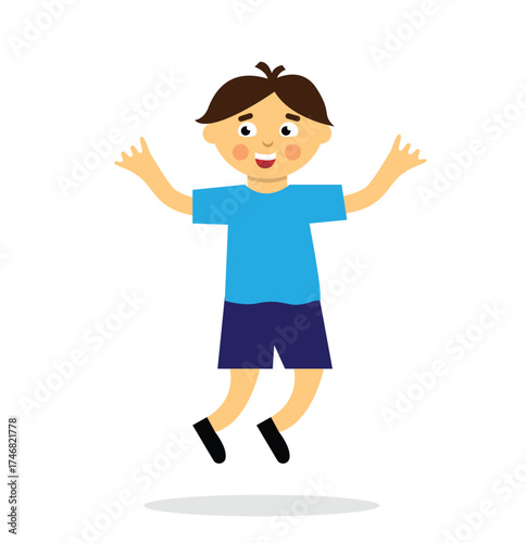 Happy Excited Boy Character Jumping Isolated on White. Children, people and activities graphic design idea vector art