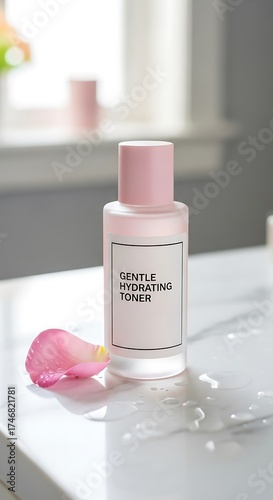 Gentle Hydrating Toner on Marble Surface with Rose Petal.