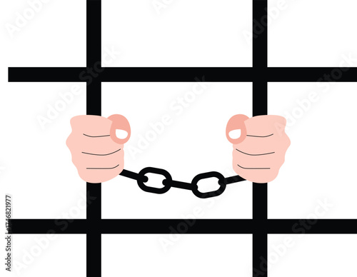 Prisoner Behind Bars Chained and Shackled Hands Isolated on White. People and law disobedience vector art