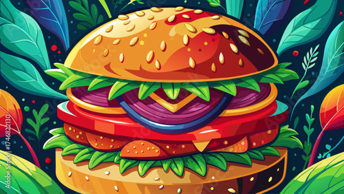 Very beautiful close-up Beyond Meat veggie burger held securely, showcasing fresh ingredients, vibrant colors, and appealing textures, vector-style illustration emphasizing healthy, convenient, and 