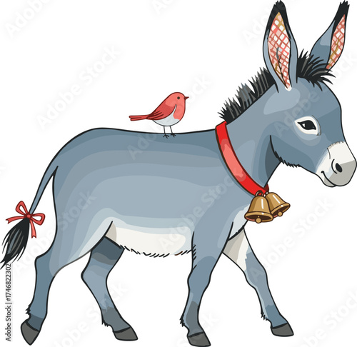 Charming hand-drawn illustration of a grey Christmas donkey with a red collar and festive bells, carrying a little robin on its back as a symbol of friendship