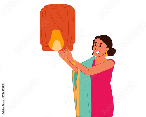 woman enjoy launch diwali lantern into sky to celebrate Diwali festival of light vector illustration