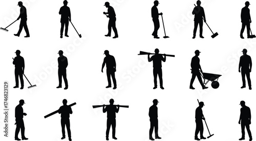 Construction worker silhouettes set, laborer vector collection, men with tools graphic, black building workers clipart, construction job poses, handyman silhouette pack, editable illustration