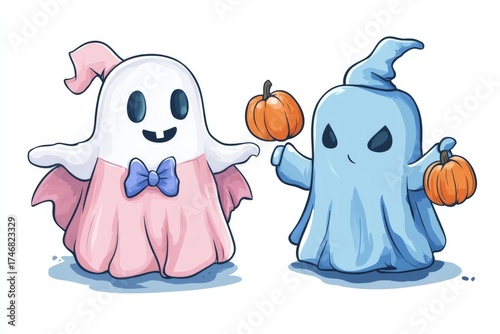 Two cute cartoon ghosts holding a small pumpkin