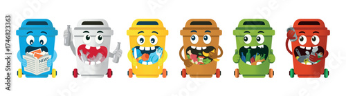Set of six colorful recycling bins for paper, plastic, bio waste, clear and colored glass, and metal. Vectors isolated on white background.