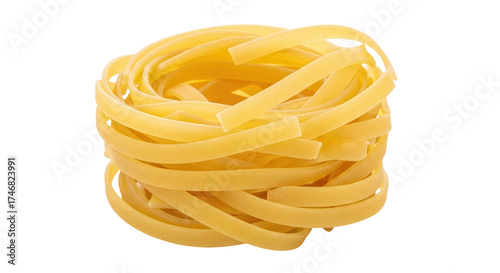 Schilderij op canvas Isolated coil of dried egg noodles, uncooked Italian pasta nest or tagliatelle b