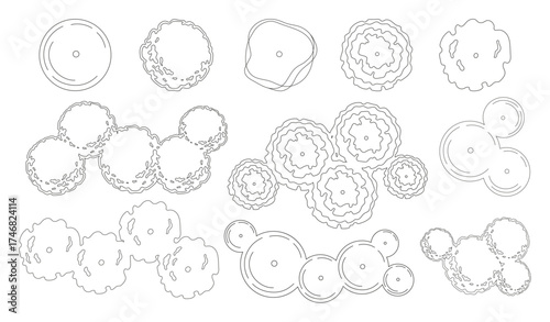 Tree for architectural floor plans. Entourage design. Various trees, bushes, and shrubs, top view for the landscape design plan. Vector illustration.