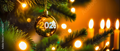 Gold Christmas ornament with white 2026 numbers. Shiny golden holiday bauble with white text. Festive gold Xmas ball with light 2026. Golden tree decoration with soft white 2026.