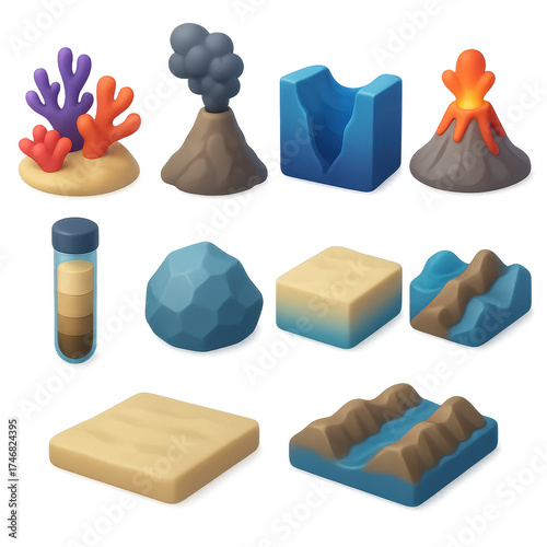 3D Seafloor Icons. Seafloor study set of icons in 3D color style: coral reef, hydrothermal vent, deep trench, underwater volcano, sediment core tube,