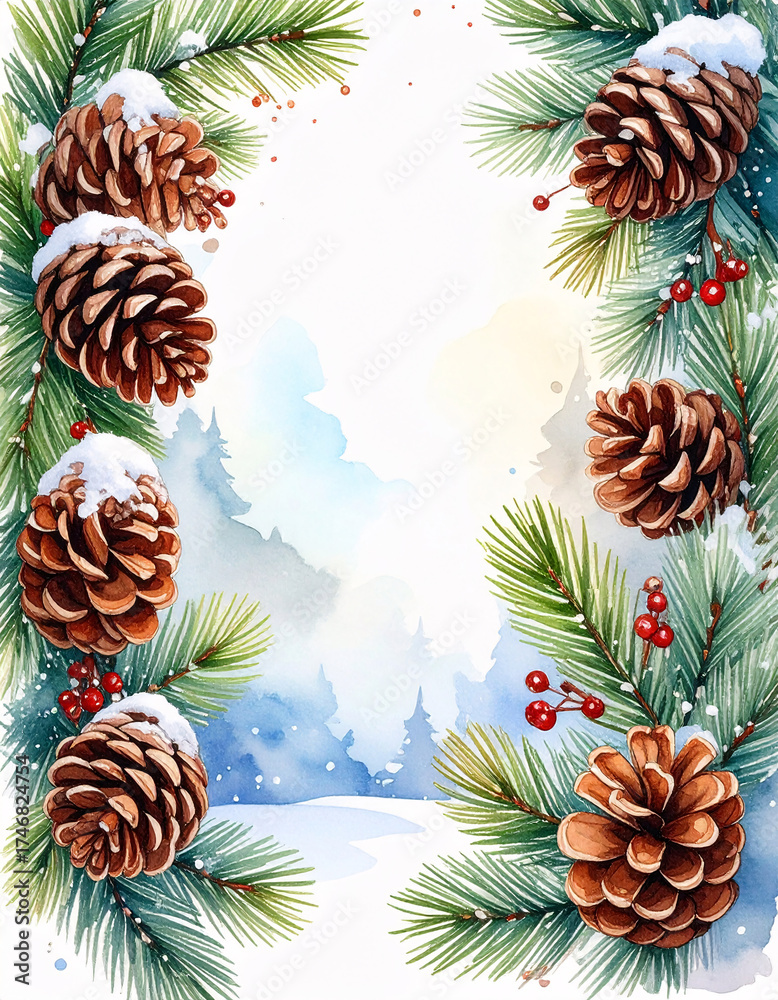 Obraz premium Watercolor pinecone garland with snow border and evergreen branches