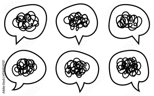 Tangled mind in hand-drawn speech bubble – Abstract doodle art representing confusion, emotion, and mental chaos