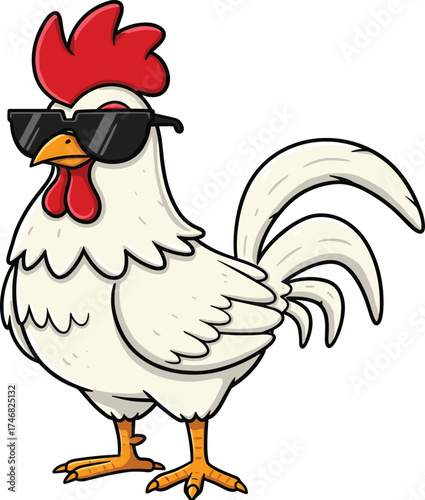 Cool cartoon rooster wearing sunglasses, stylish farm animal art, funny chicken illustration, confident chicken character, hip rooster vector design, animated poultry clipart