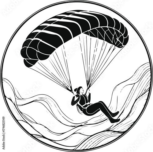 Elegant continuous line art of a parachute with person descending 3