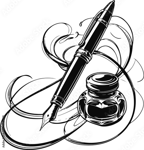 Elegant continuous line drawing of an ink pen with inkwell 2