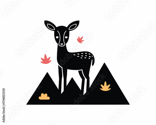 Deer in autumn forest icon, seasonal wildlife silhouette vector illustration