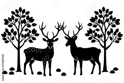 Deer in autumn forest, seasonal wildlife silhouette vector illustration