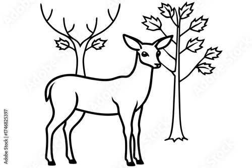 line art Deer in autumn forest, seasonal wildlife silhouette vector illustration