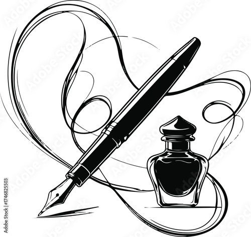 Elegant continuous line drawing of an ink pen with inkwell 3