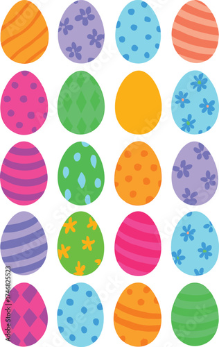 A vibrant array of 20 decorative Easter eggs arranged in four rows.