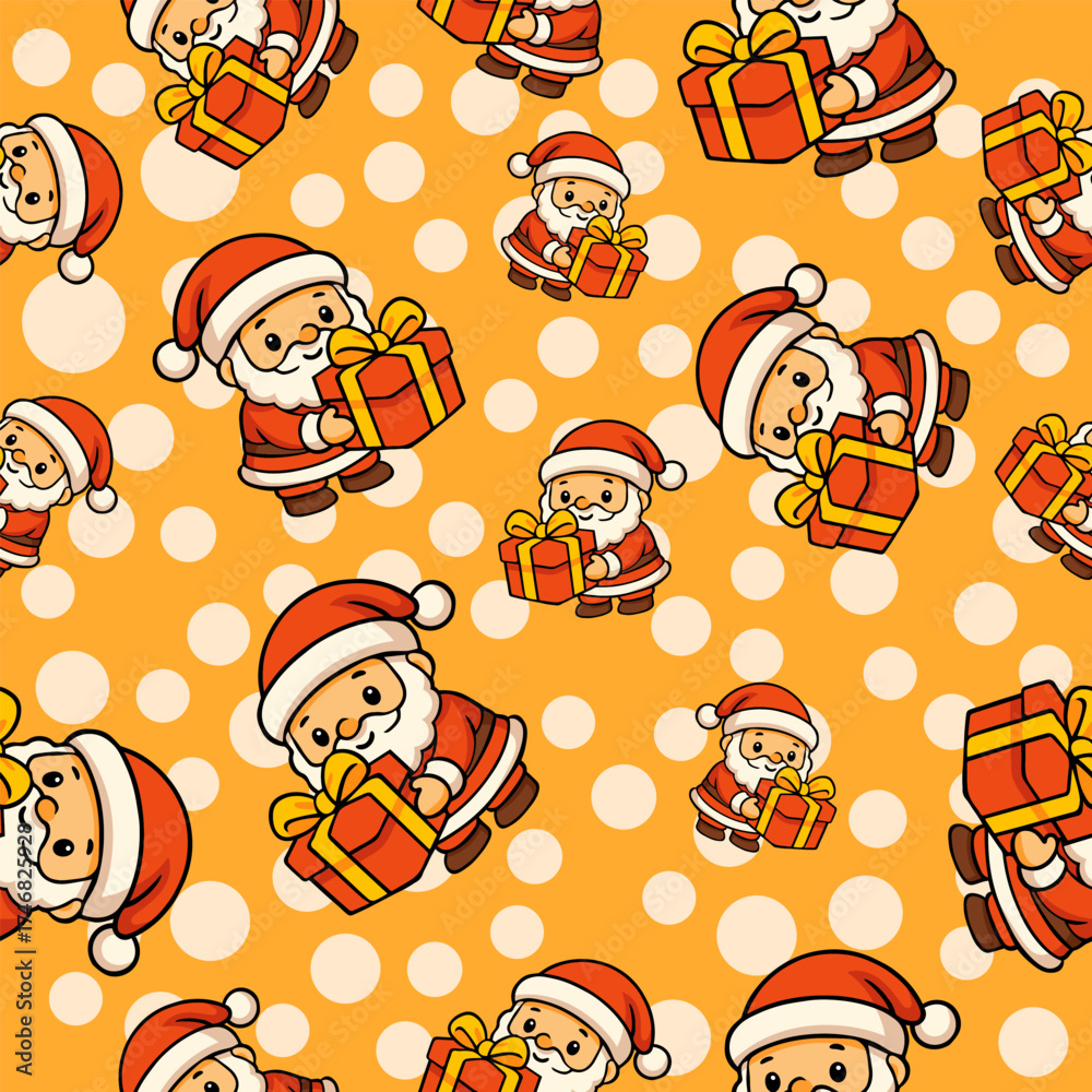 Fototapeta premium Cute cartoon christmas holiday seamless pattern with santa gifts on orange background for festive cheer