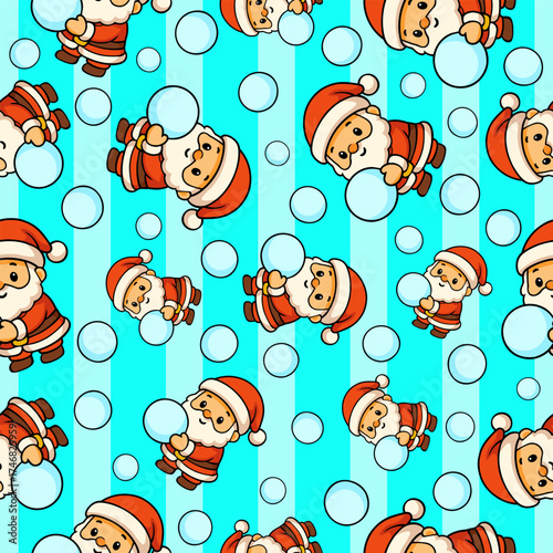 Cute cartoon christmas holiday seamless pattern featuring santa claus on light blue background