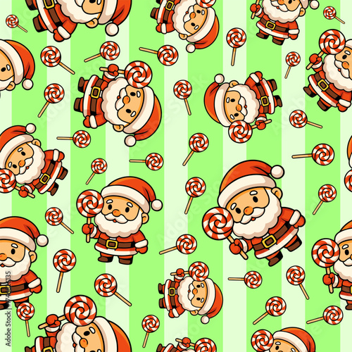 Cute cartoon christmas holiday seamless pattern featuring santa and lollipops on a light green background