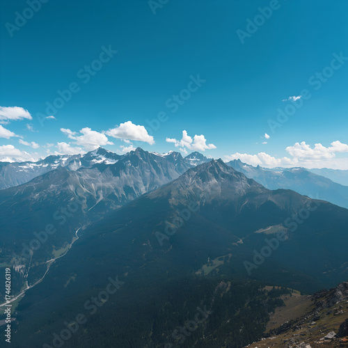 breathtaking mountain landscape with clear blue skies and lush greenery below
