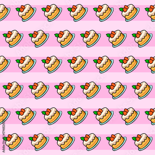 Cute cartoon christmas holiday seamless pattern of cakes on pink background for festive designs