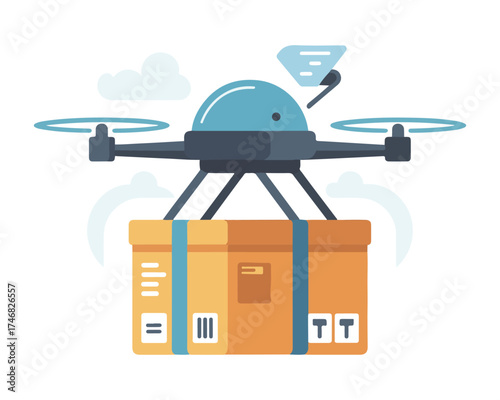 Modern delivery drone carrying a large cardboard package in the sky with a futuristic feel