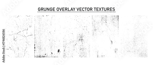 Grunge overlay vector texture set. Various texture like distressed noise and scratch, rough vintage grain effect and old concrete wall. Vector urban cracked dust overlay design.