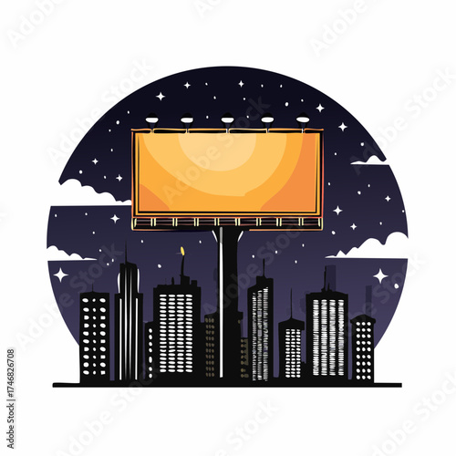 Nighttime Cityscape with Bright Billboard Advertising a Product or Service