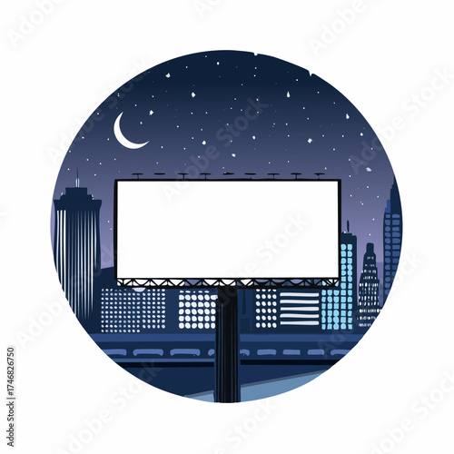 Blank outdoor advertising billboard in a vibrant city at night, illuminated against a starry sky with a crescent moon