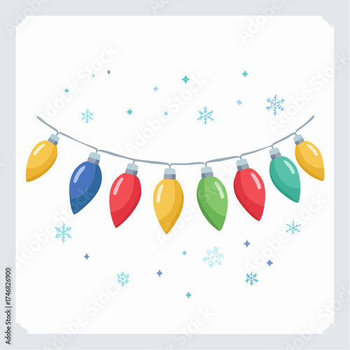 Festive String of Colorful Christmas Lights with Snowflakes