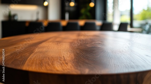 Close-up of a polished, round wooden table top.  Modern, blurred interior in the background