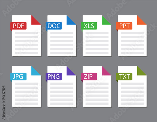 Documents File Format icon PDF, DOC, XLS, PPT, JPG. PNG, ZIP, TXT