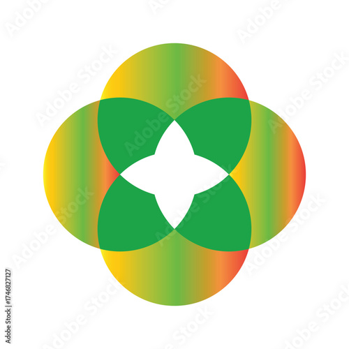 Abstract four-circle flower logo with green petals and warm gradients