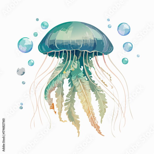 Vibrant watercolor illustration of a graceful jellyfish with flowing tentacles and sparkling bubbles, depicting serene marine life