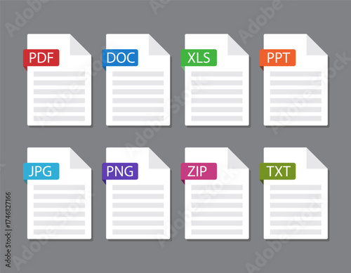 Documents File Format icon PDF, DOC, XLS, PPT, JPG. PNG, ZIP, TXT