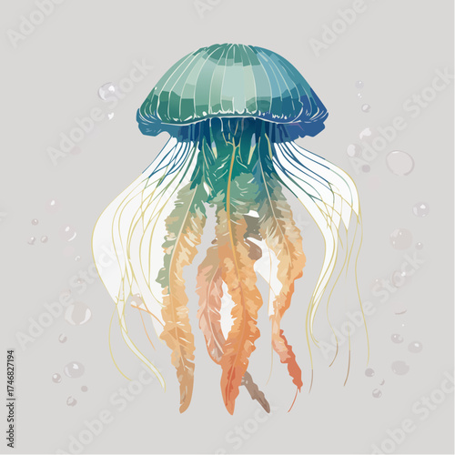 Stylized watercolor illustration of a beautiful multi-colored jellyfish floating gracefully