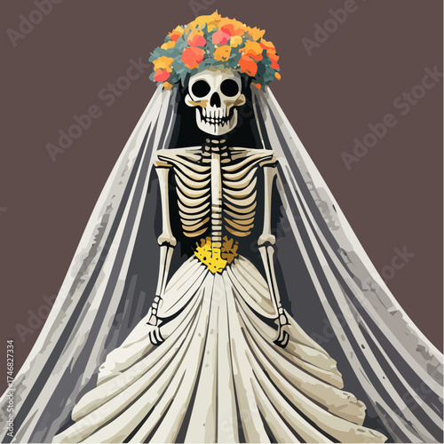 Elegant Skeleton Bride with Floral Crown and Veil for Day of the Dead