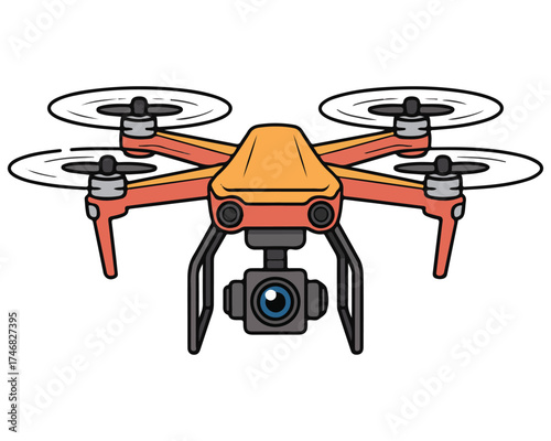 Modern orange and yellow quadcopter drone with camera and propellers isolated on white background