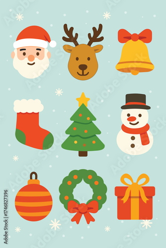 Cute Christmas icons including Santa, reindeer, tree, snowman, stocking, bell, gift