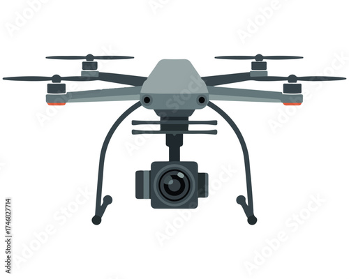 Modern gray quadcopter drone with camera gimbal and propellers isolated on white background